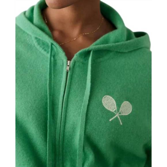 NEW WHITE + WARREN cashmere racket cropped zip hoodie in retro green - Picture 3 of 3